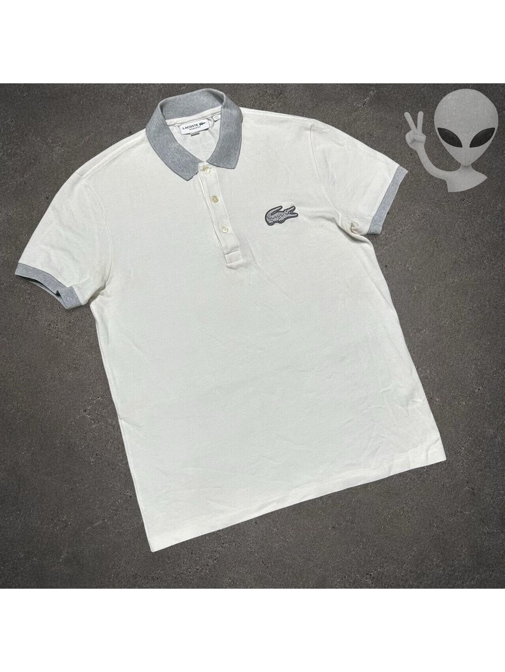 Lacoste Big Croc Polo Shirt Mens S White Gray Collar Regular Fit Cotton